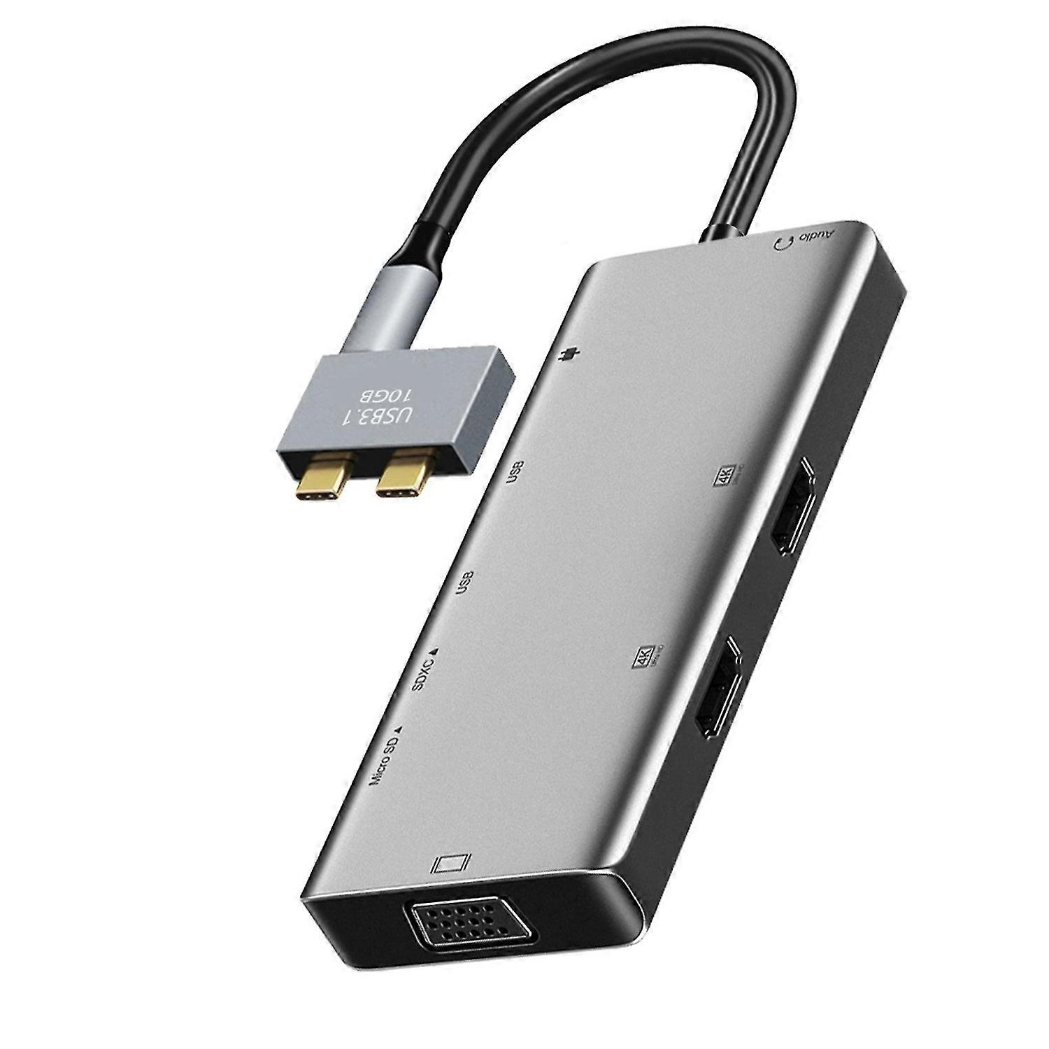 Docking Station Aluminium Alloy 10 in 1 Dual Type-C to Dual HDMI-Compatible VGA USB-C Hub for MacBoo