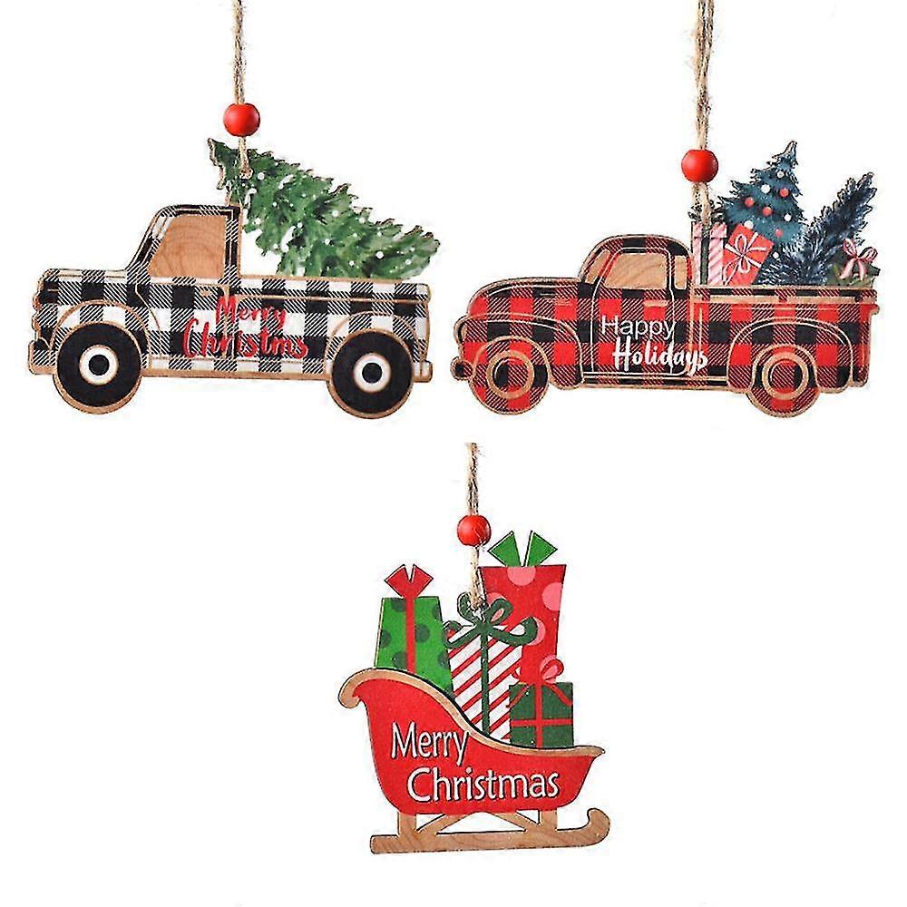 Waterzx Christmas Tree Wooden Car Hanging Ornaments,Cartoon Truck and Car Shape Pendants for Xmas Tree Home Decorations