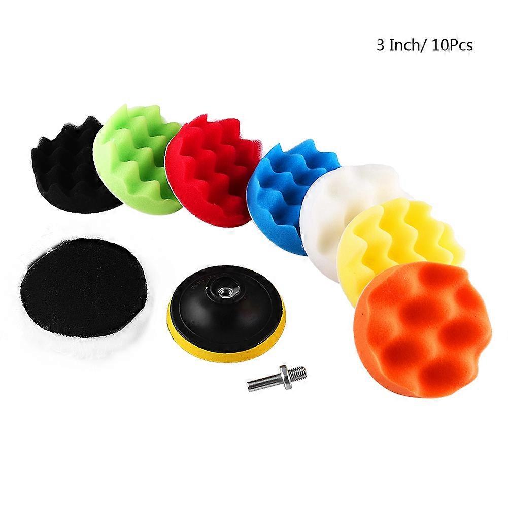 10pcs Sponge Polishing Buffing Waxing Pad Kit For Car Polisher Buffer With Drill Adapter 3"