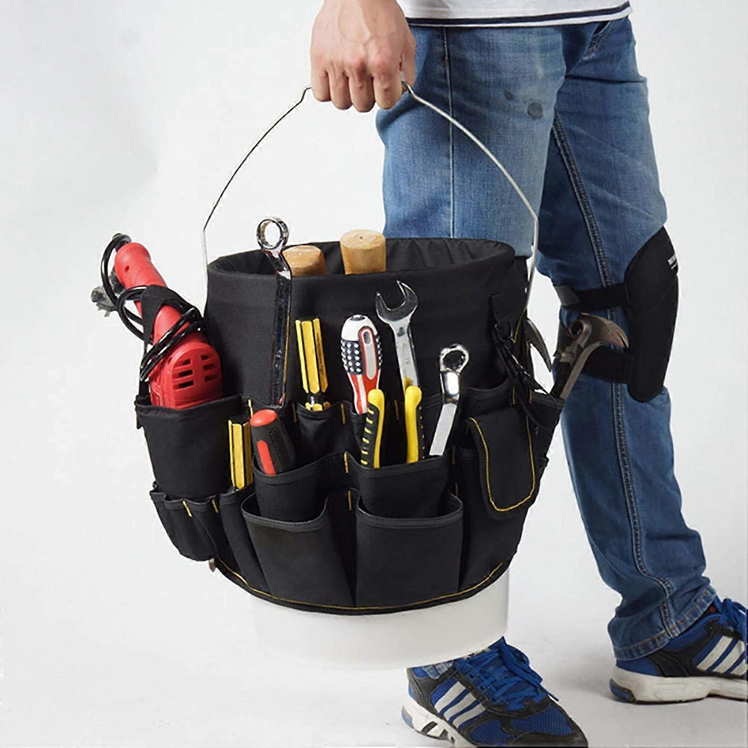 Heavy duty storage bucket with 56 pockets, repair kit, multi-function tool organizer, suitable for standard 5 and 3 liter bucket