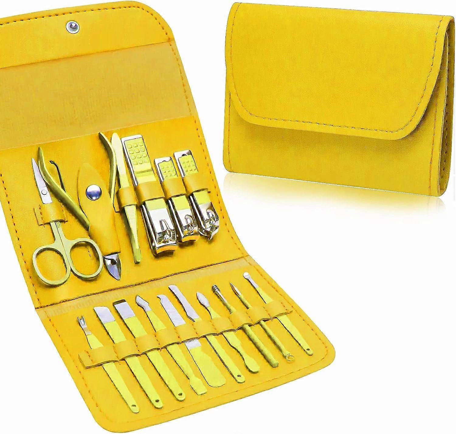 LINJOU مجموعة مانيكير مجموعة باديكير احترافية لأدوات قص الأظافر ، 16 في 1 أدوات العناية بالأظافر ماكينة تشذيب بشرة (أصفر)