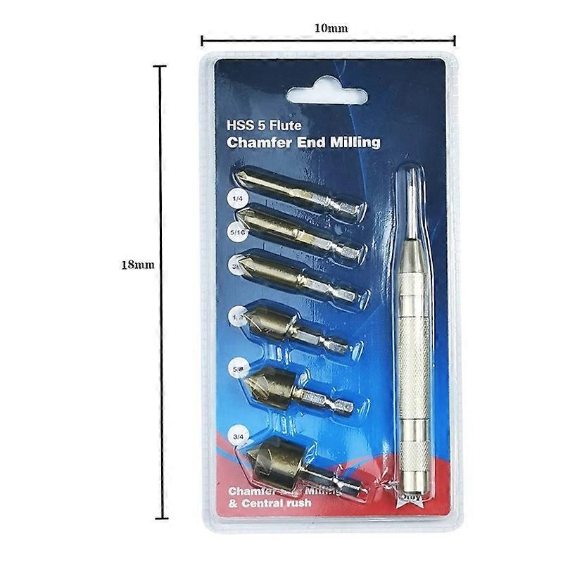 7 Pack 6 Hex Shank Conical Countersink Bits with 5" Auto Center Punch Deburring Tools for Steel Wood Plastic