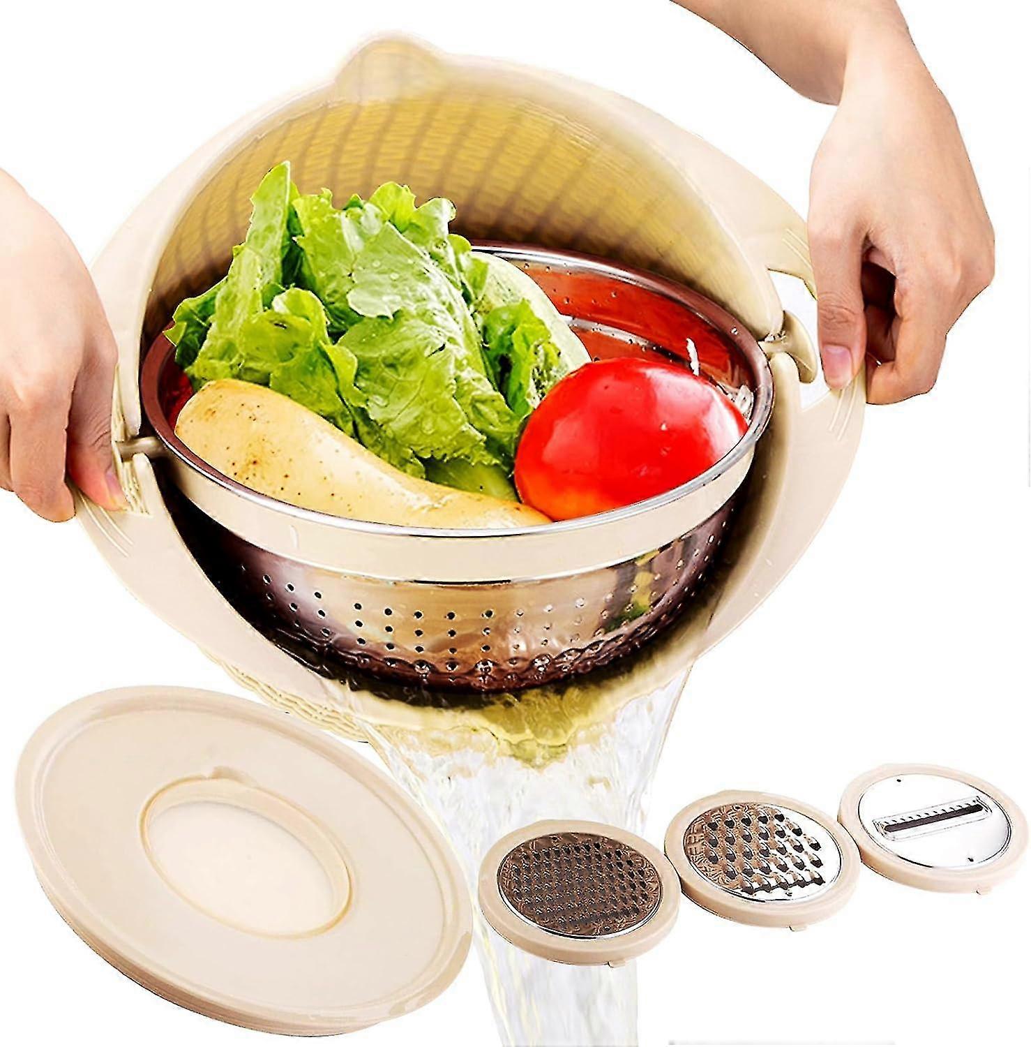 4-in-1 Colander With Mixing Bowl Set, 2024 New Food Strainers And Colanders Set For Kitchen, Rotatable Fruit And Veggie Washer, Salad Spinner