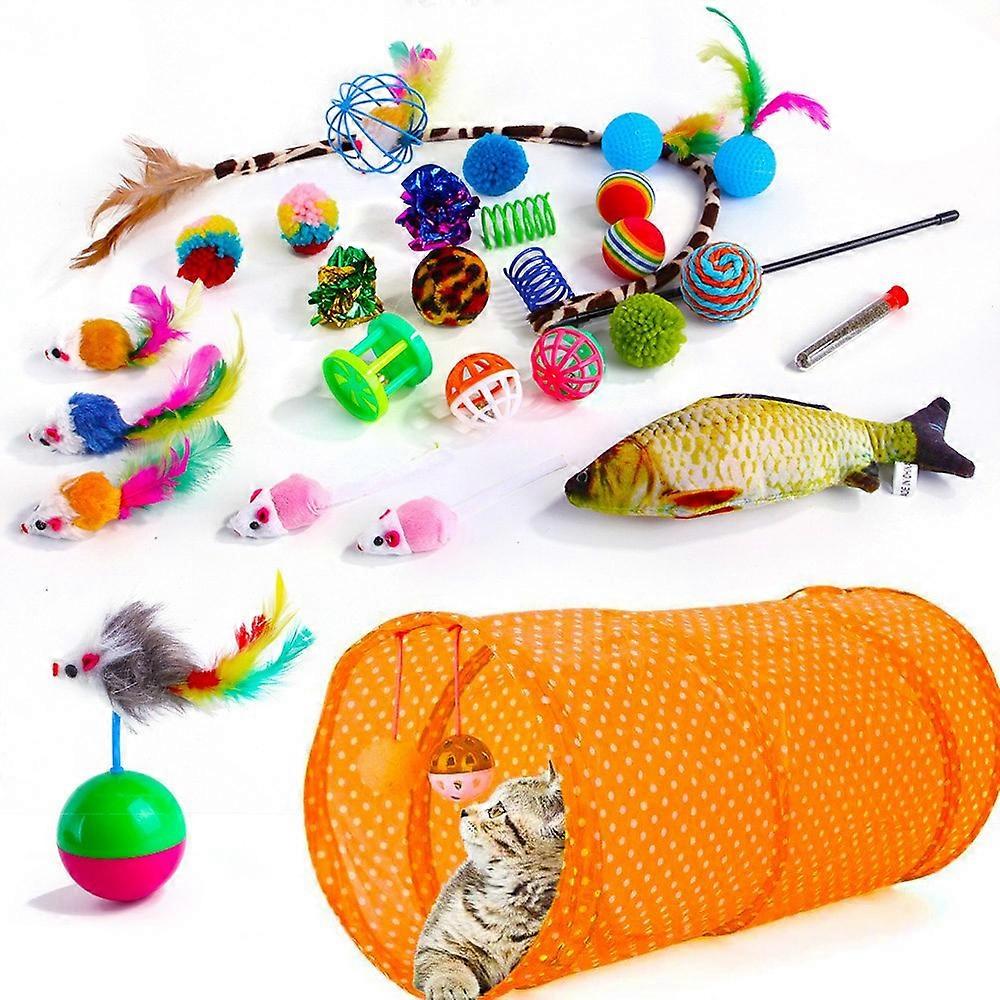 28Pcs/Set Cat Toys Set with Orange Tunnel Interactive Cat Toy Feather Fish Mouse Crinkle Balls
