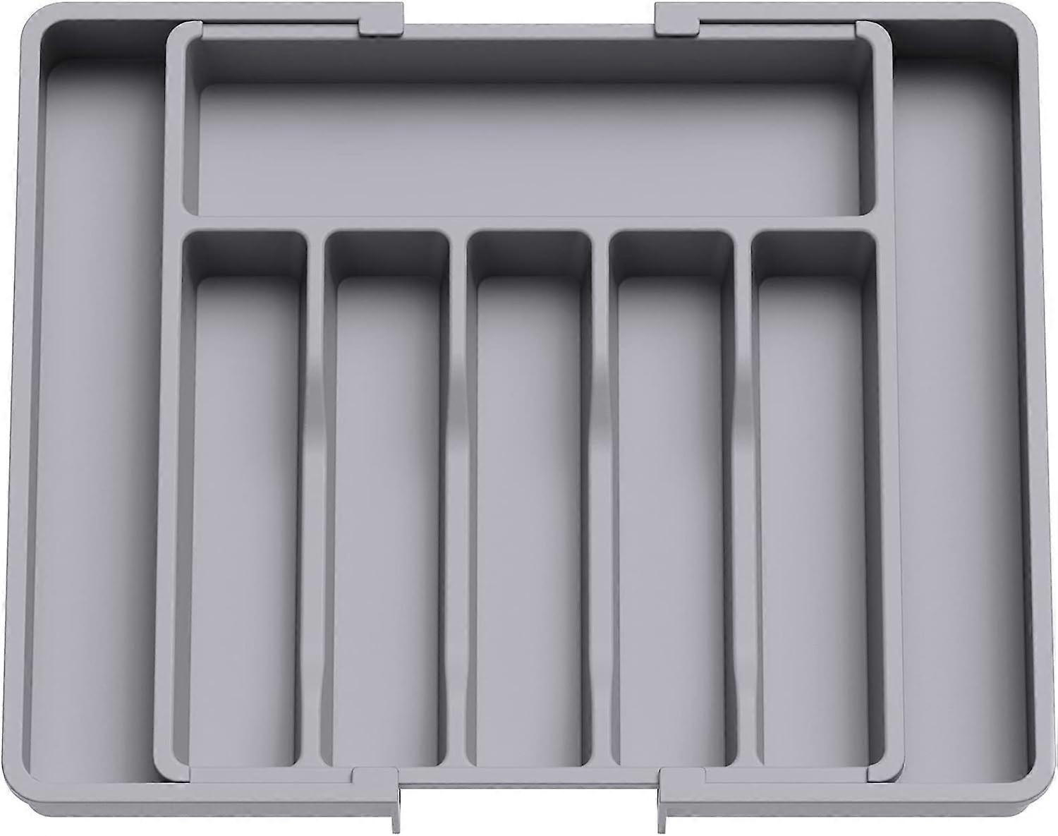 Cutlery Rack-Gray, Expandable Drawer Utensil Tray, Adjustable Drawer Organizer for Kitchen, Compact Plastic Storage to Hold Spoons, Forks
