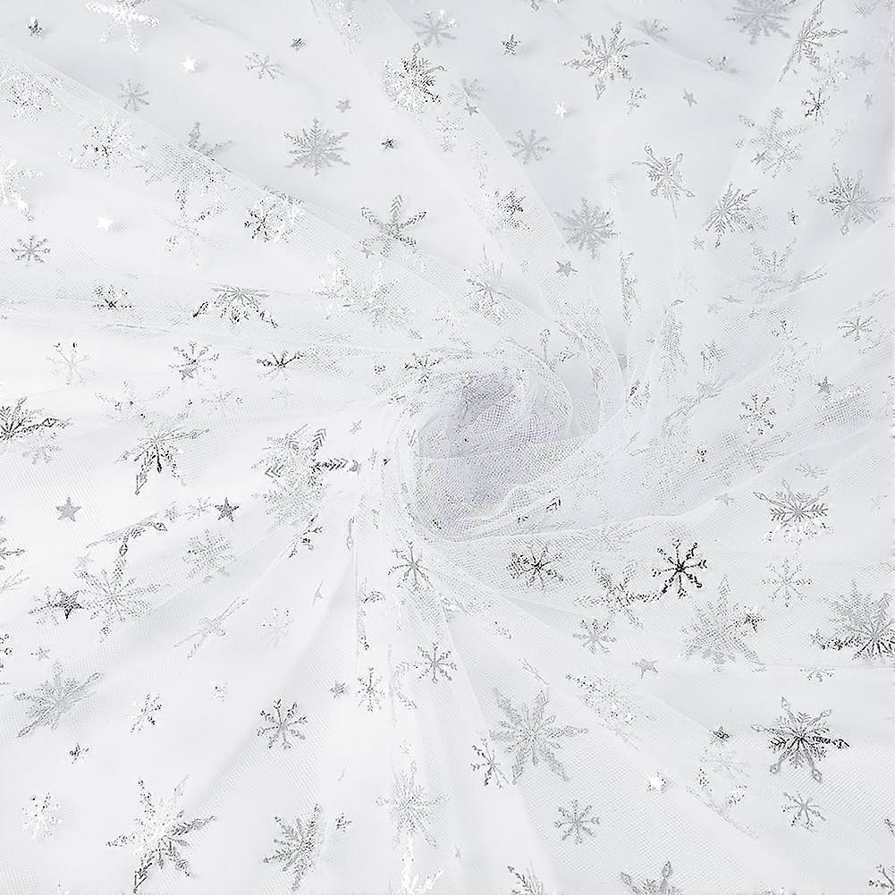 4 Yards Snowflake Tulle Fabric 59.1 inch Wide White Snowflake Silver Foil Organza Fabric Glitter Snowflake Mesh Fabric Christmas Snowflake Sheer Fabri