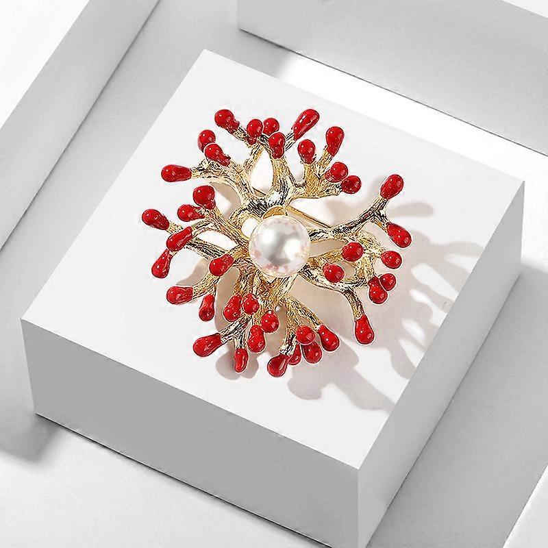 Broșă cu perle de flori de coral roșu