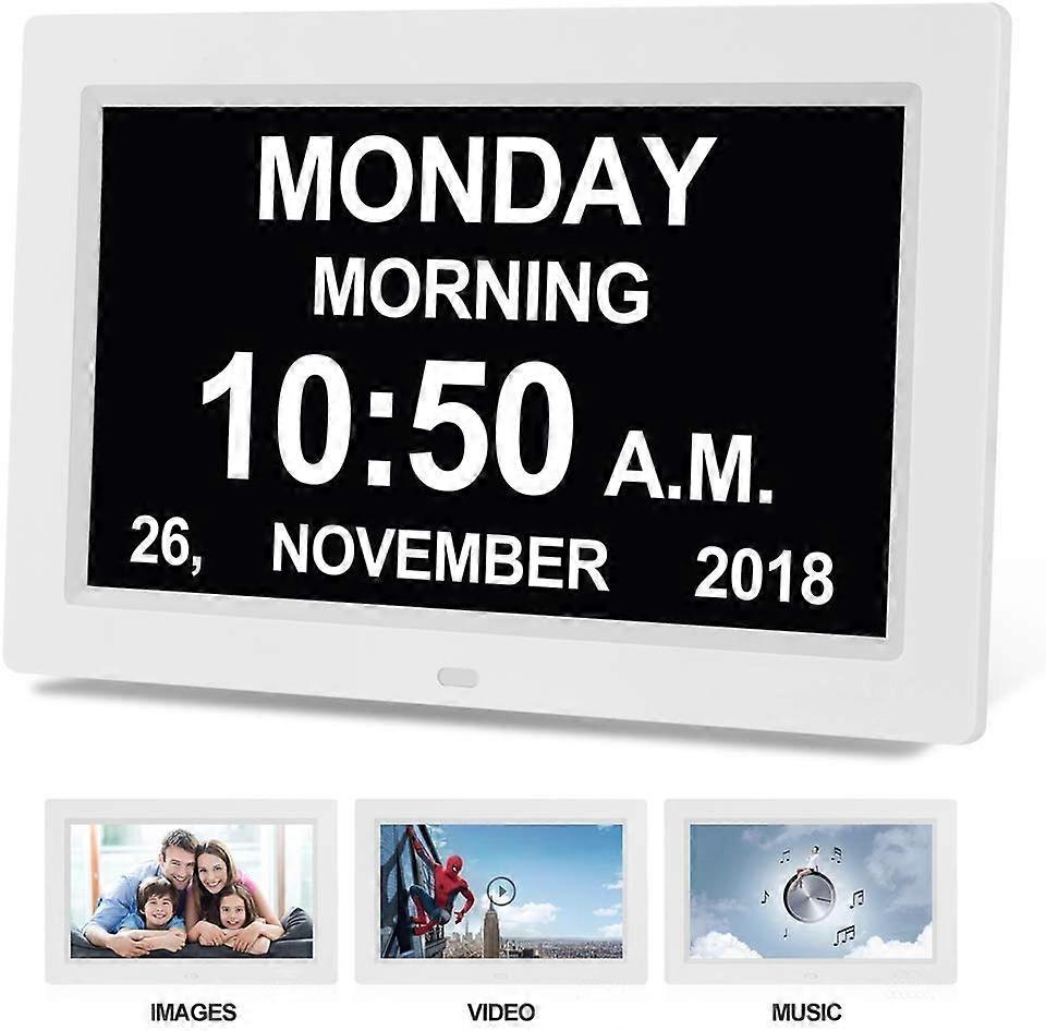 Digital Calendar Day Clock Photo Frame (9-inch black) - Automatic Dimming Display, Large Vision Impaired Digital Clock, with Non Abbreviated Day and M