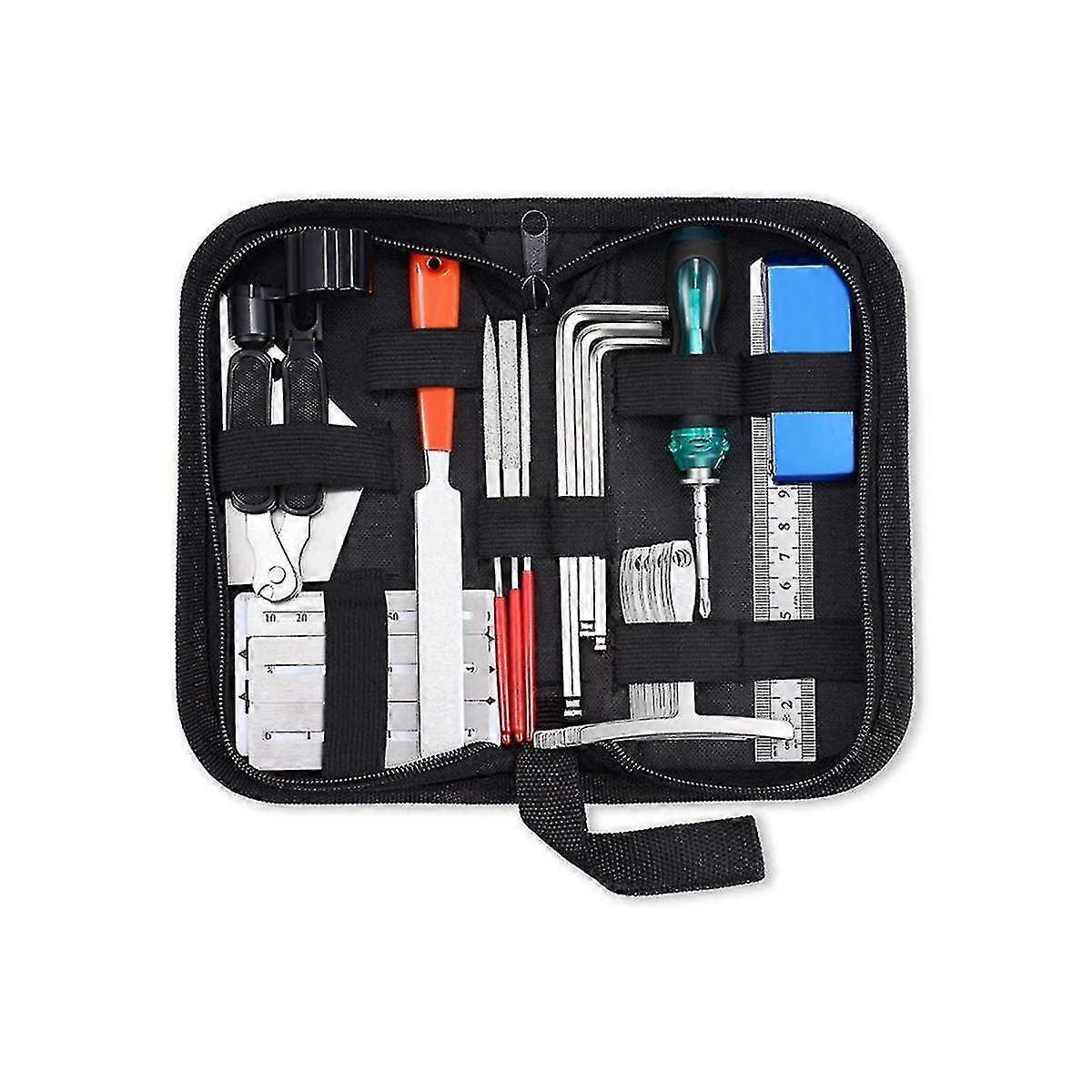 Guitar repair tool set, string changing tools, wrenches, grinding files, measuring ruler, stringers, Lev