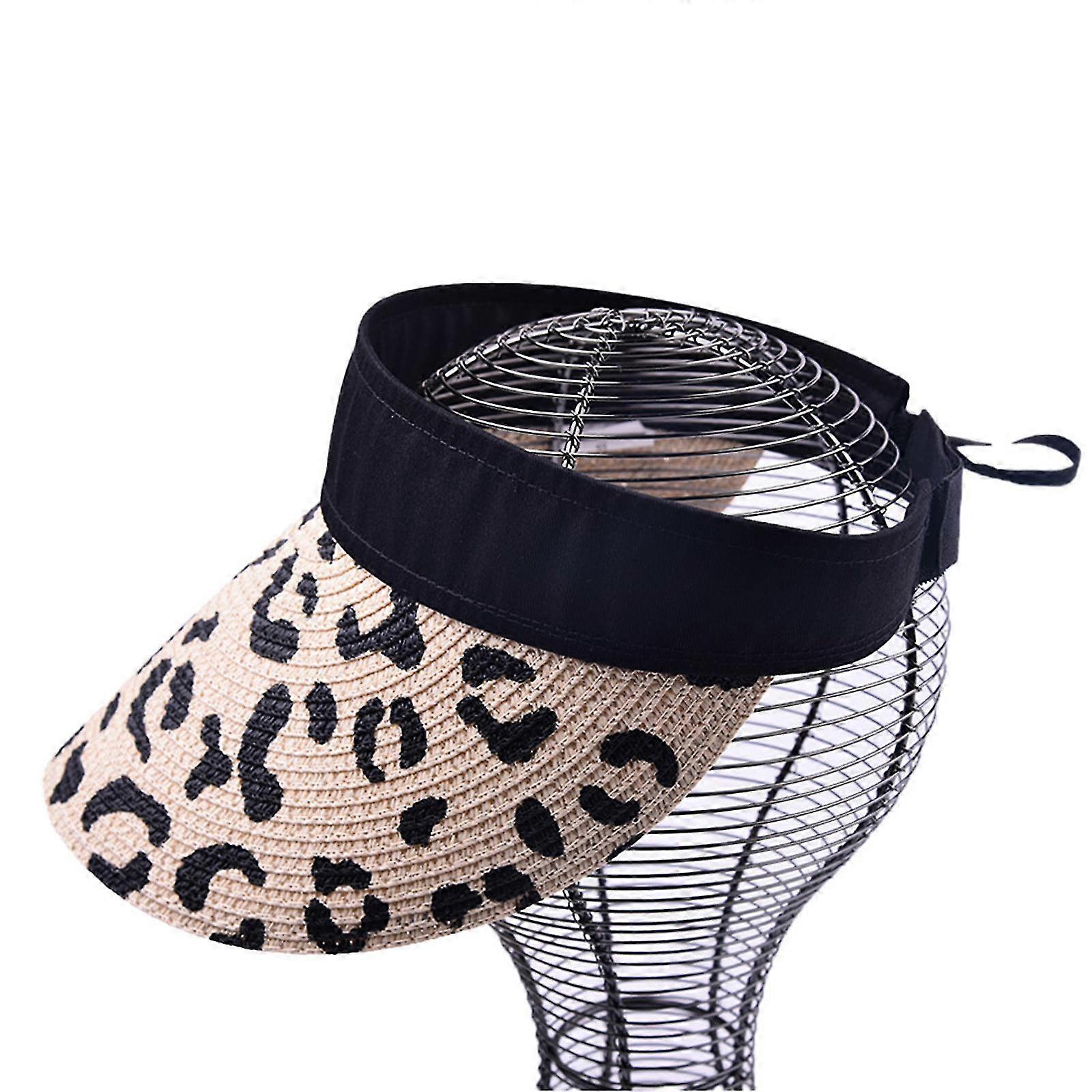 Summer Empty Top Straw Cap Foldable Retro Leopard Print Visor Hat For Holiday
