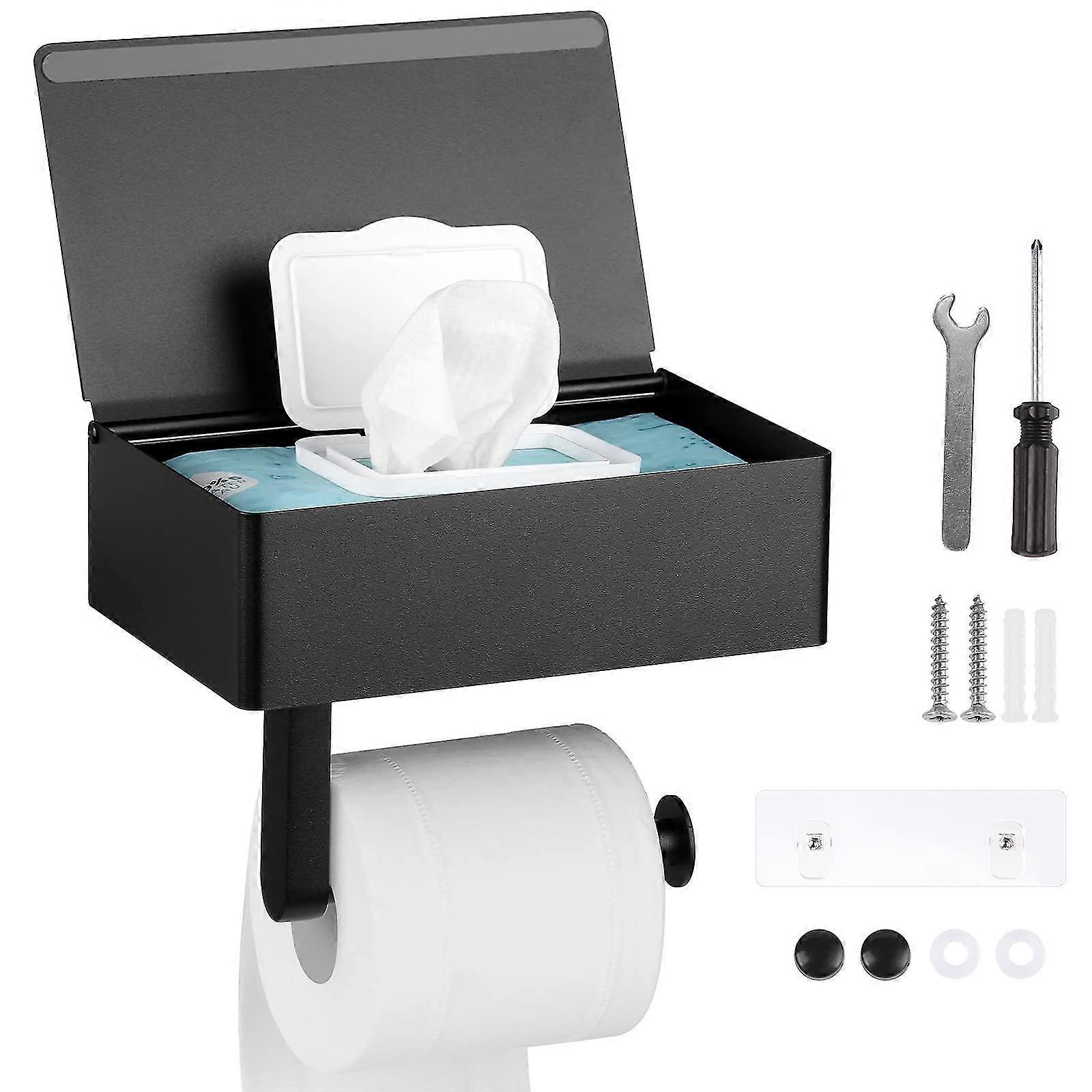 Per porta carta igienica, porta carta igienica nero opaco con scatola per salviettine umidificate, porta rotolo di carta igienica in acciaio inossidabile senza foratura con scatola per salviettine umidificate