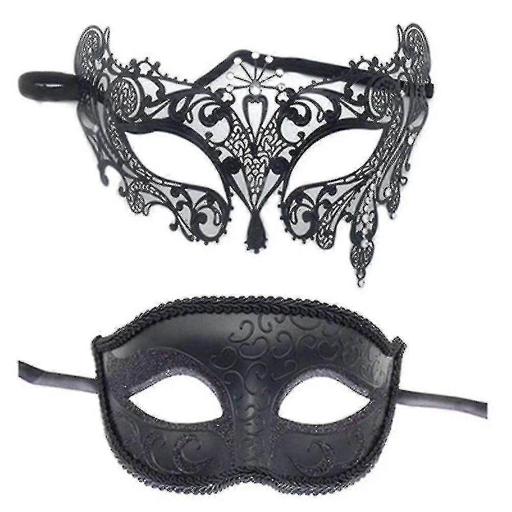 2pcs Couples Masquerade Masks Set Black Half Face Masks For Dancing Party