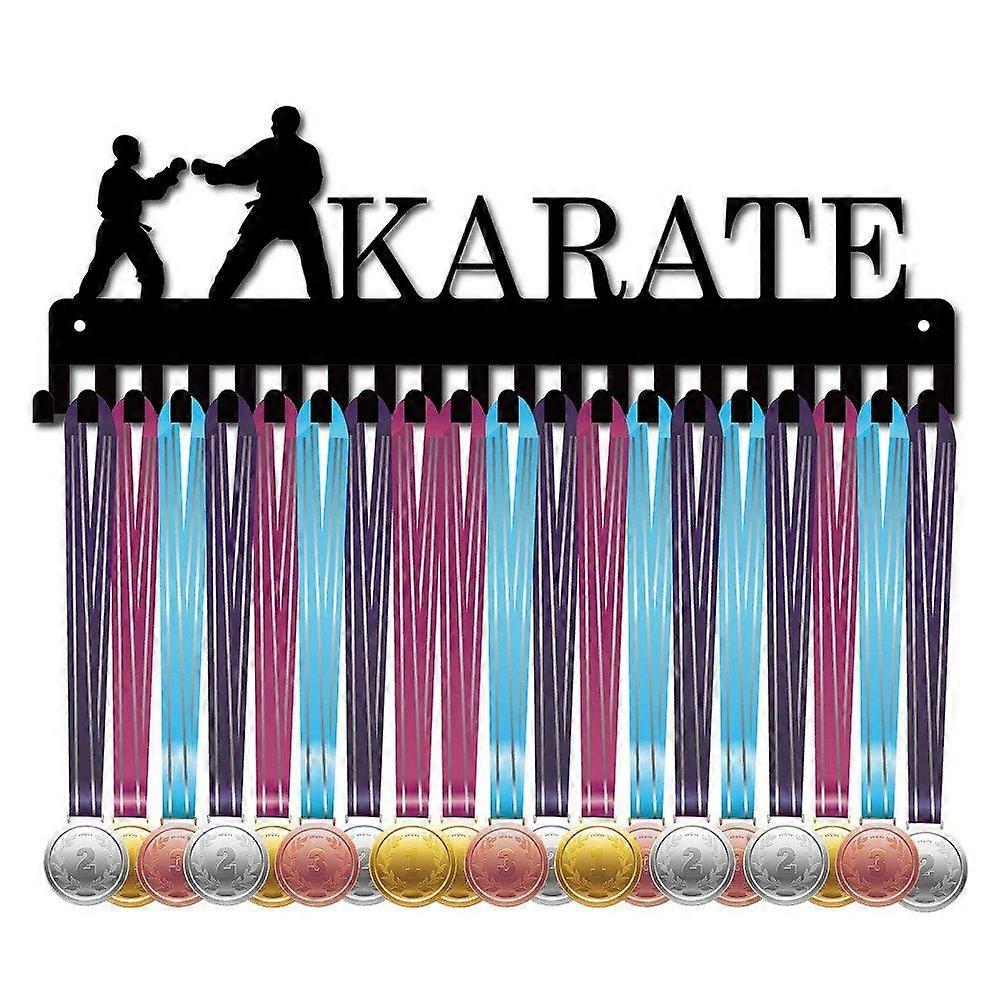 Iron Medal Holder Frame Medals Display Hanger Rack Rectangle with Word Karate Electrophoresis Black 140x400mm