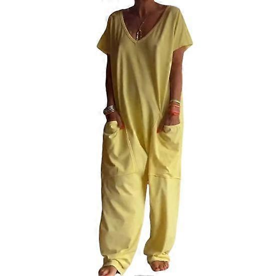 Kvinder Buksedragt V-hals Kortærmet Dybt skridt Løst Helfarve Store lommer Fuld længde Afslappet Hverdagstøj Buksedragt
