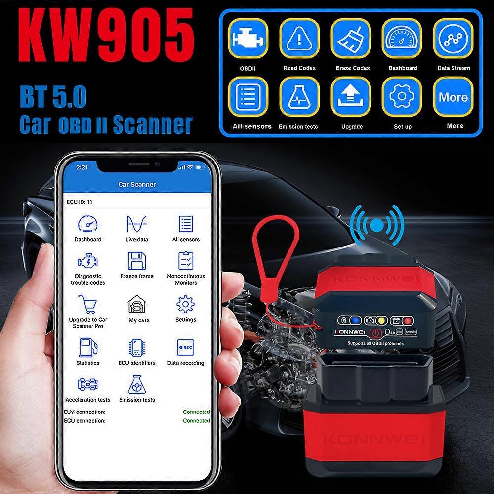 KONNWEI KW905 BT 5.0 Wireless OBDII Car Auto Diagnostic Scan Tools Car Detector Tester Scanner for IOS Android System, Red