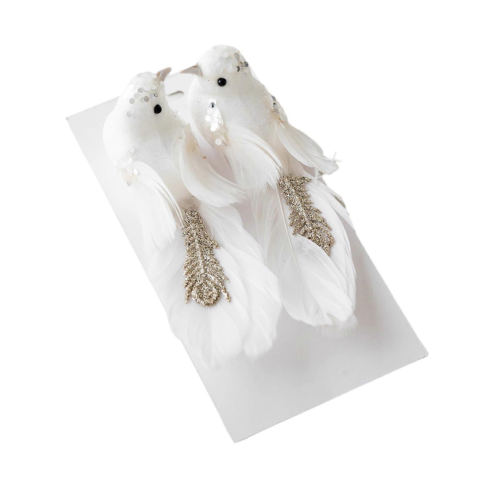 Set of 2 Stylish Feathered Bird Tree Adornment Elegant Feathered Bird Christmas Hanging Ornament with Realistic Detail White
