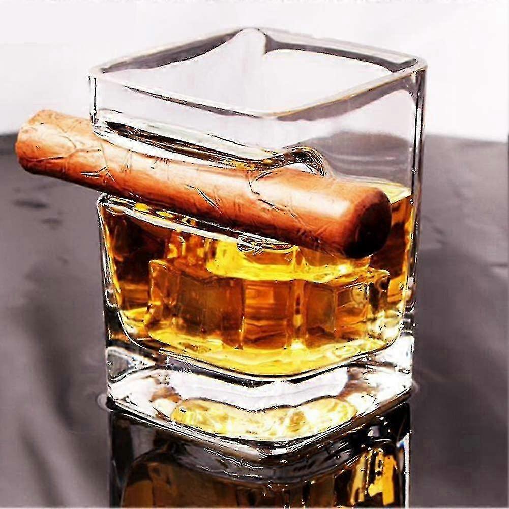 Handcrafted Whiskey Glass with Built-in Cigar Holder | 11 Oz Durable Crystal Clear Design | Unique Handmade Old Fashioned Barware