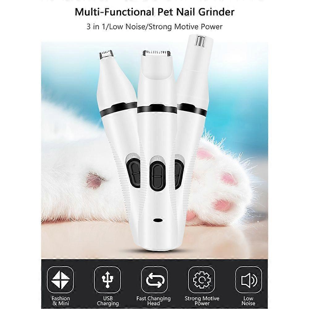 Pet Nail Grinder Multi-Functional Dog Cat Hair Trimmer 3 in 1 Electric USB Rechargeable Low Noise Grooming & Smoothing Tool