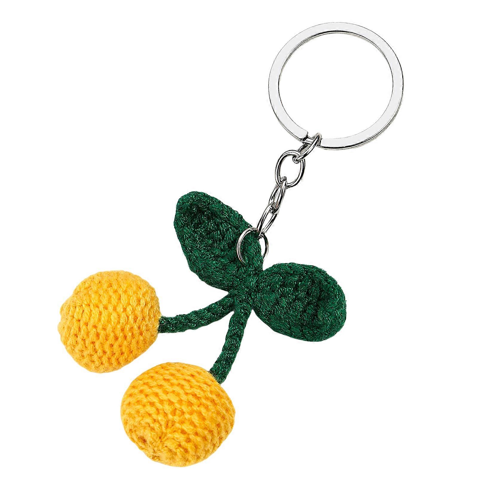 Pendentif multi-usage tricoté cerise breloque Décoration de fil fait à la main pour porte-clés et sacs motifs doux et uniques jaune
