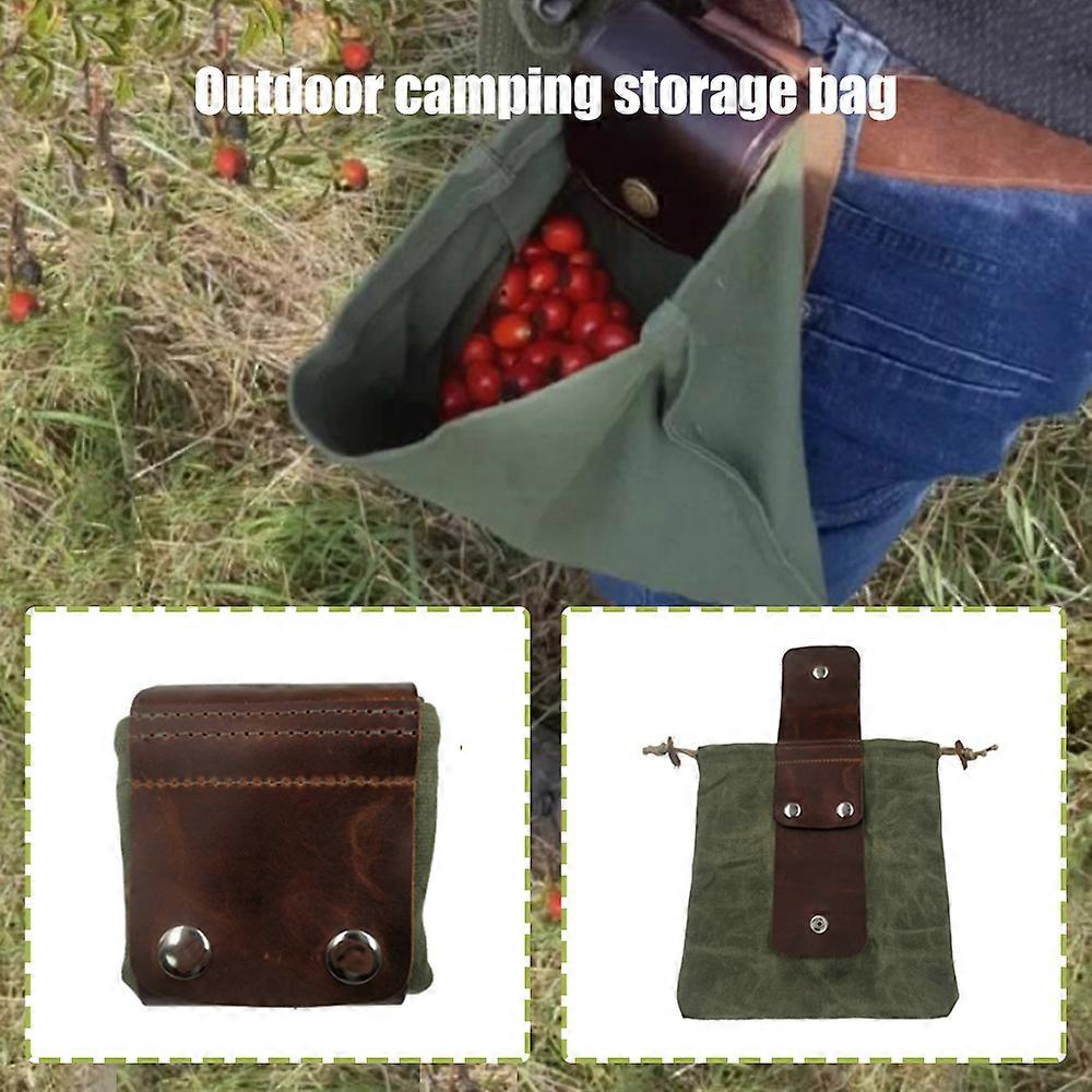 Waxed Canvas Foraging Pouch Collapsible Leather Outdoor Waist Belt Pocket with Drawstring for Hiking Beachcombing
