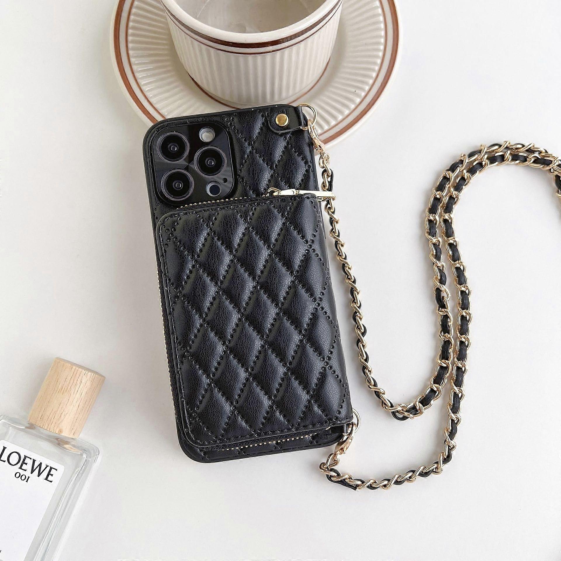 Case Wallet for iPhone 16 Pro Max for Women, Quilted PU Leather Crossbody Case with Detachable Chain Strap and Card Slots, Black