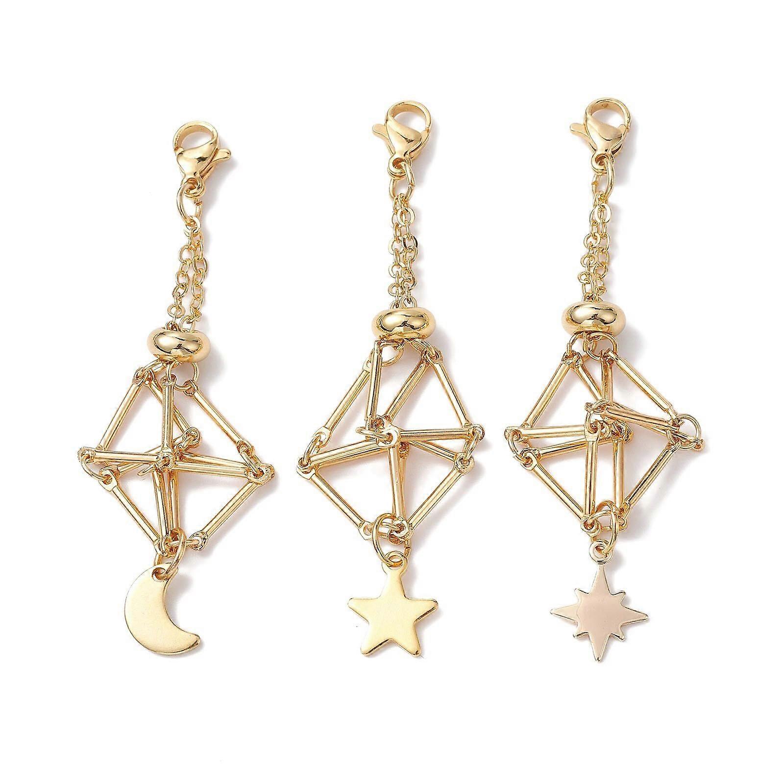 3pcs Star Moon Keychain Pendant Stone Net Key Chain Fashionable Lobster Clasp Keyring Ornament for Phones Keys Bags