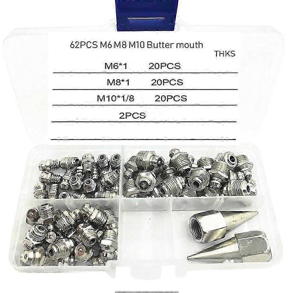 62Pcs M6/M8/M10 Grease Fitting Assortment Kit Grease Nipples Set with Plastic Box