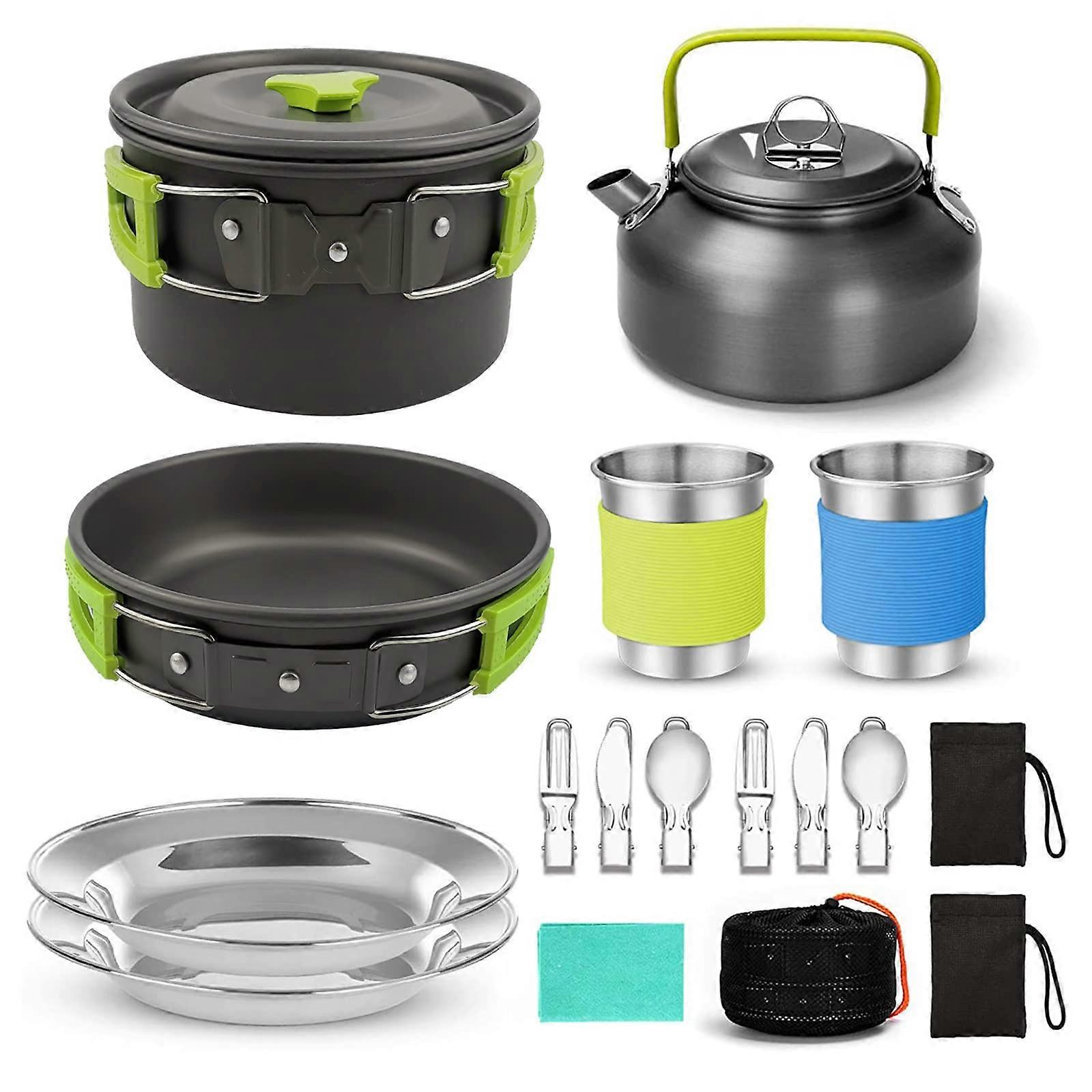 Camping Cookware Set - Portable Aluminum Set for 2 with Pot, Pan, Kettle, Cups, and Tableware - Green for Hiking and Backpacking