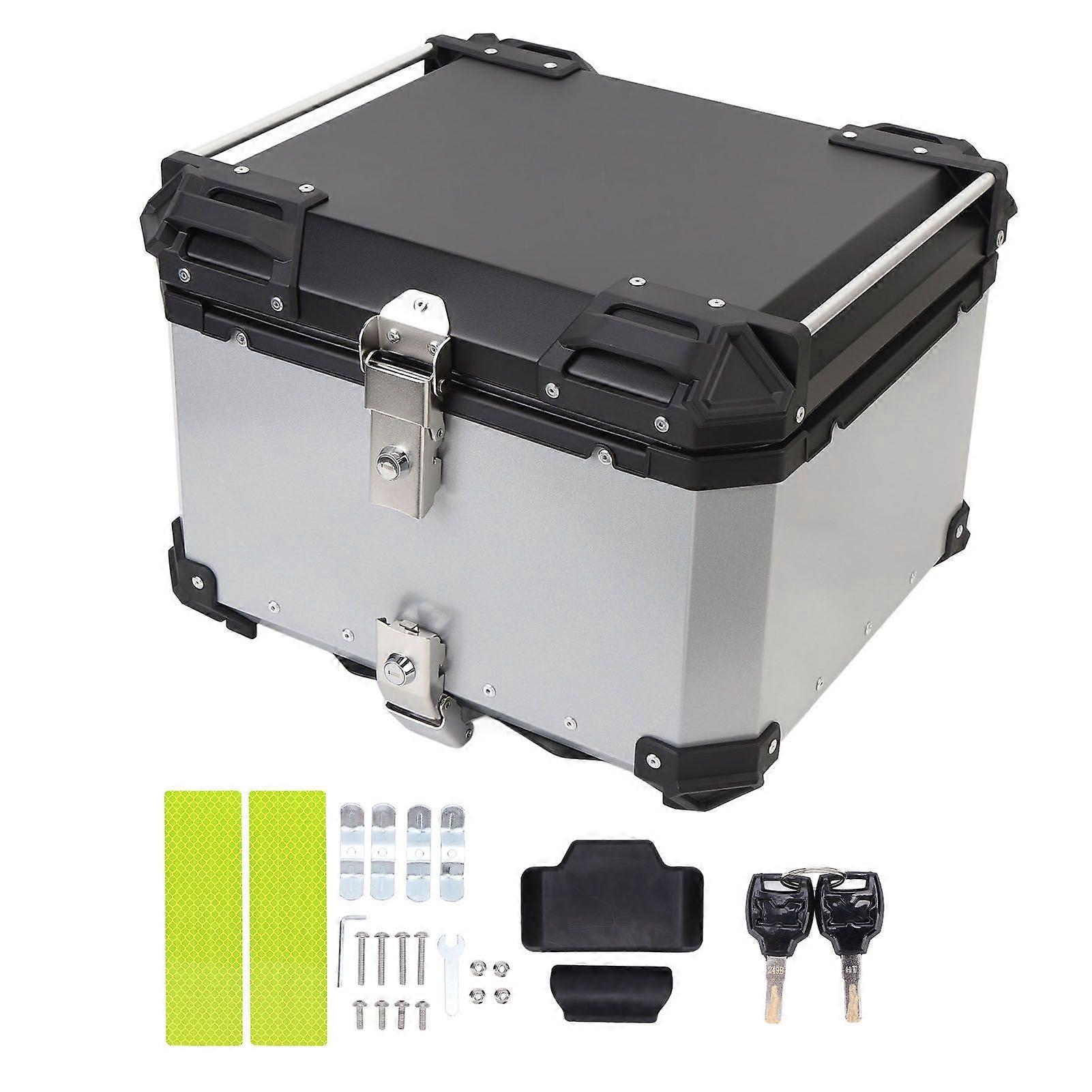 55L Motorcycle Top Case Aluminum Alloy Water Resistant Rear Top Box with Safety Lock Universal for Helmet Luggage Storage Silver MK46144