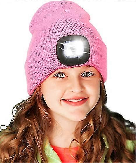Beanie with LED light for children, hands-free headlamp with button cell batteries, pink