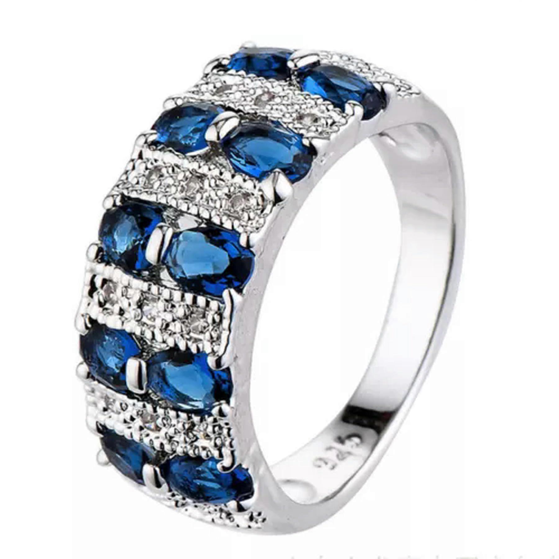 925 Sterling Silver Engagement Ring with Blue Cubic Zirconia, Unisex Wedding Band Size 6-10