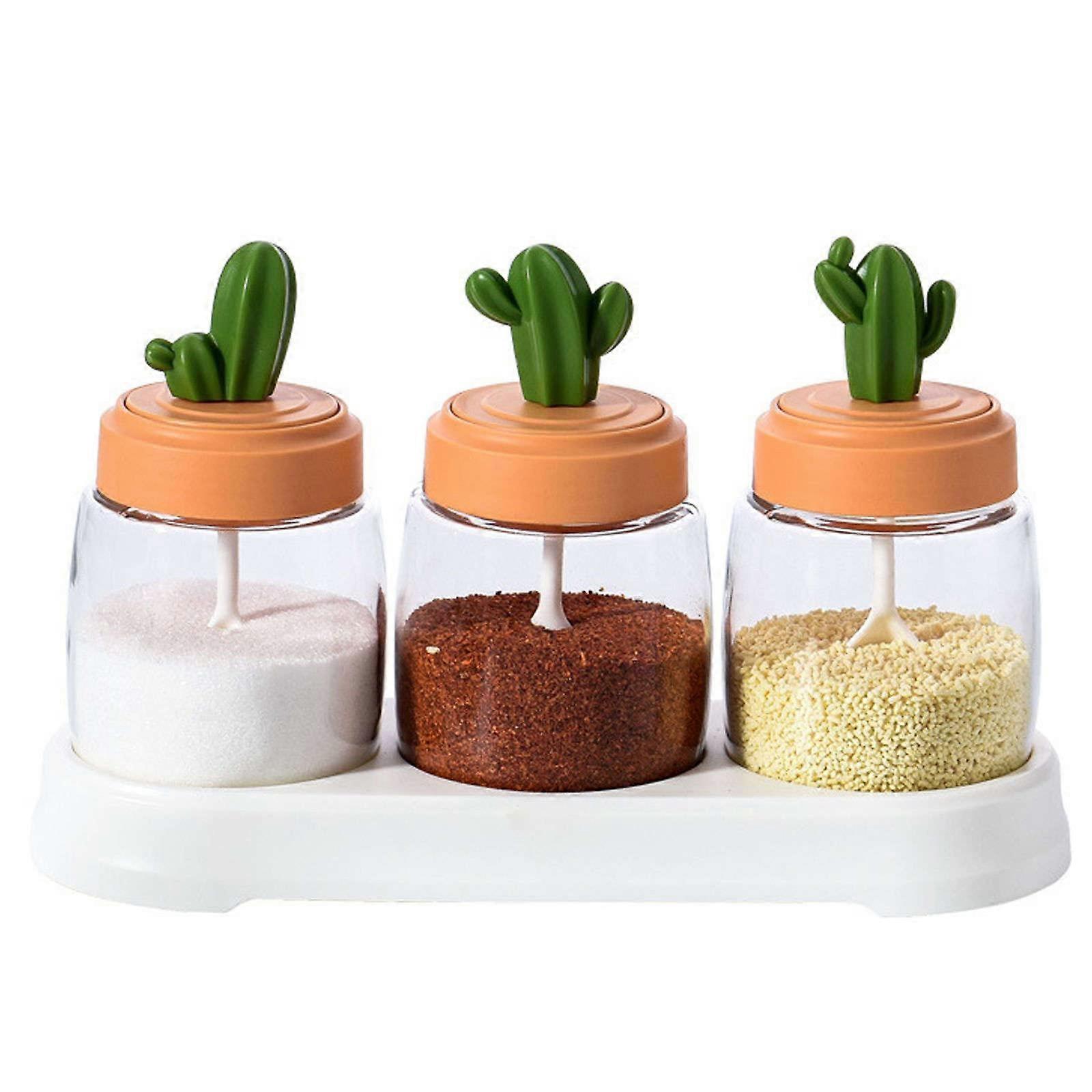 Porcelain Spice Jar Set, Cactus Spice Bottle Set, Glass Spice Jar with Base, Spice Organiser
