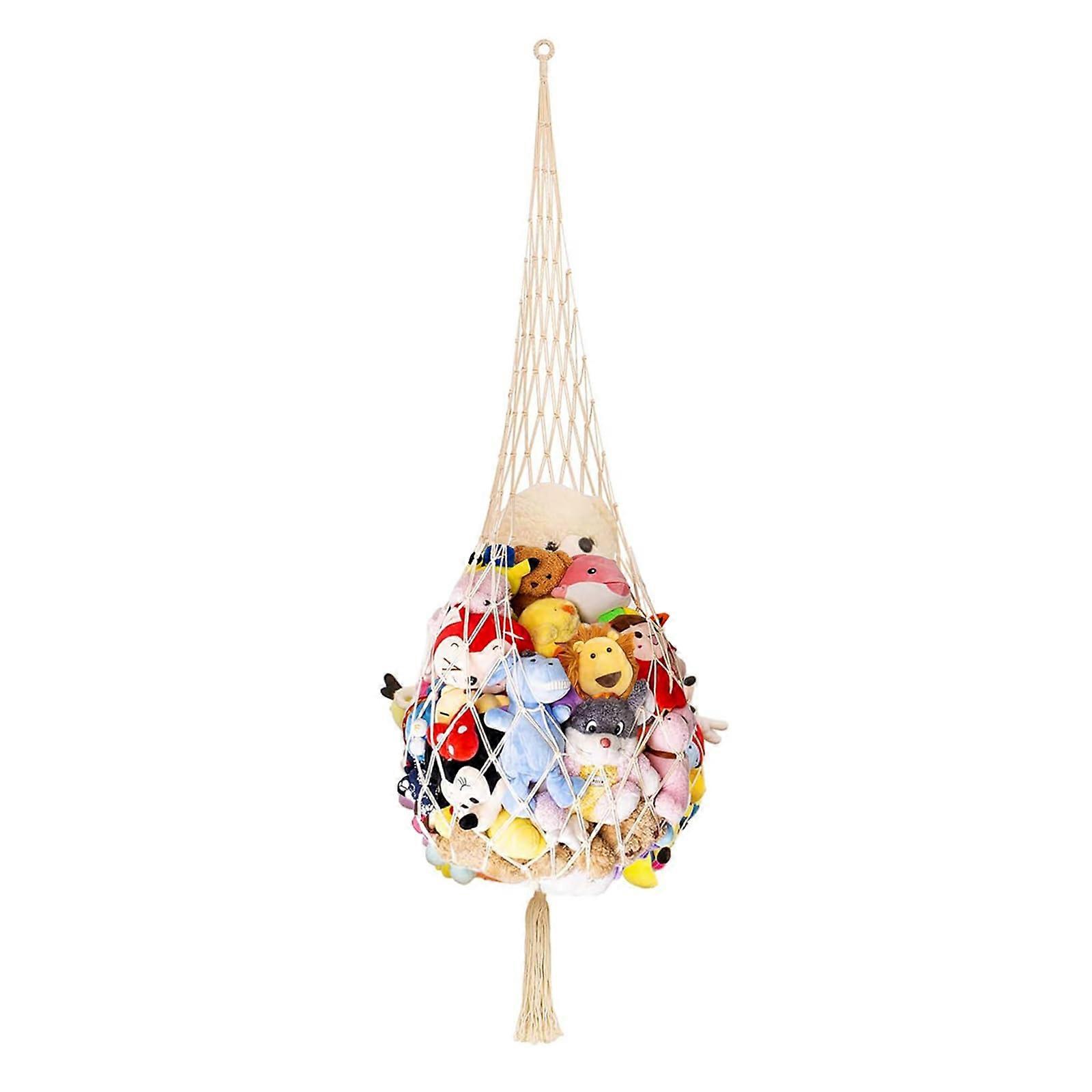 Mesh Bag for Cuddly Toy Storage Stuffed Animal Hammock by Toy Boho Macrame (White Double Rope with Hook)