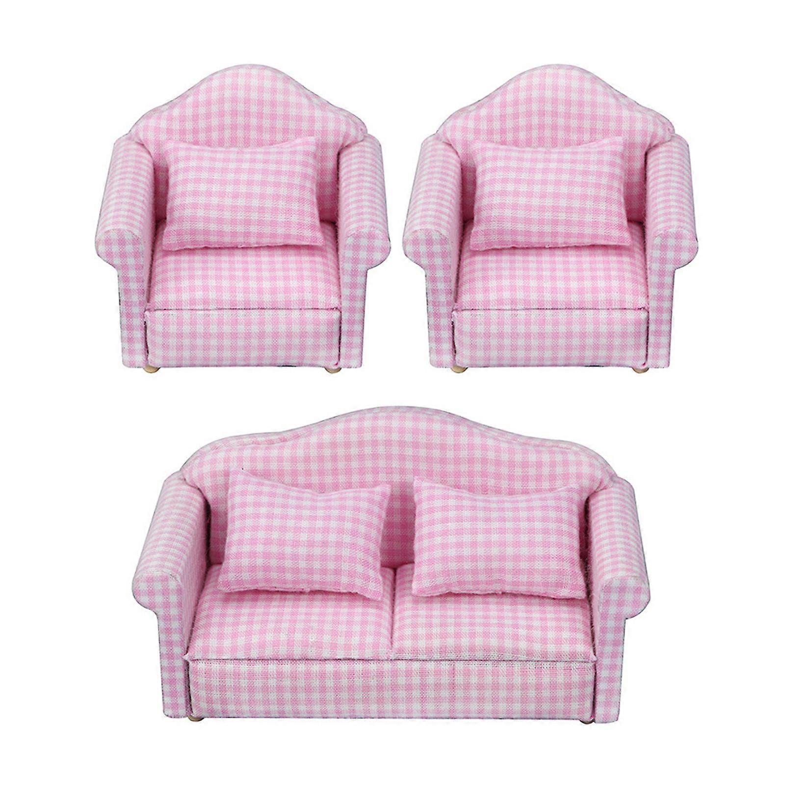 1/12 Scale Miniature Double Single Sofa Set For Doll House Furniture With Soft Pillow And Wooden Frame Scene Decors Multicolor