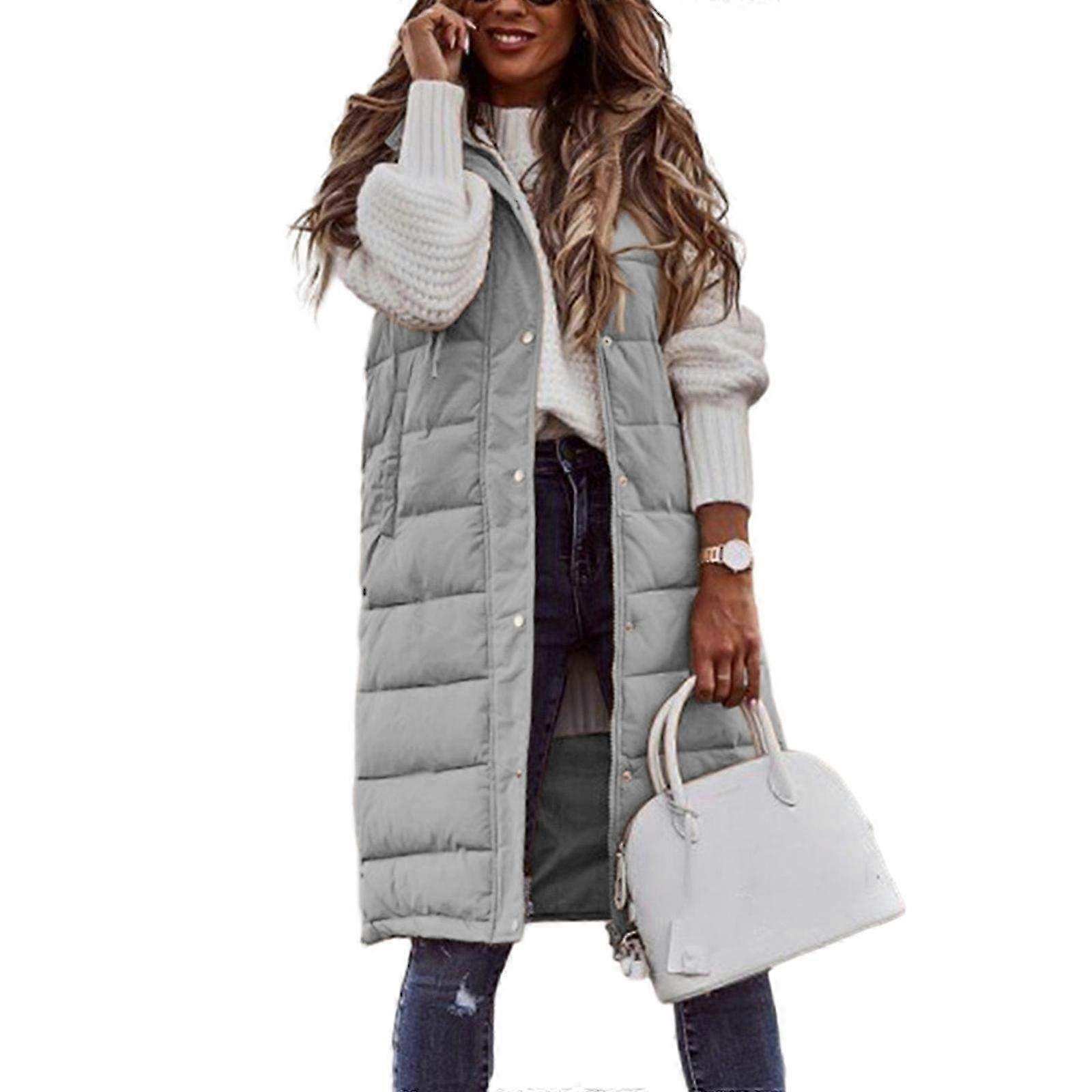 Colete Longo Acolchoado para Mulheres com Capuz e Mangas Longas, Casaco Gilet de Inverno Acolchoado com Zíper Completo em Cinza, Jaqueta Acolchoada de Algodão para Clima Frio