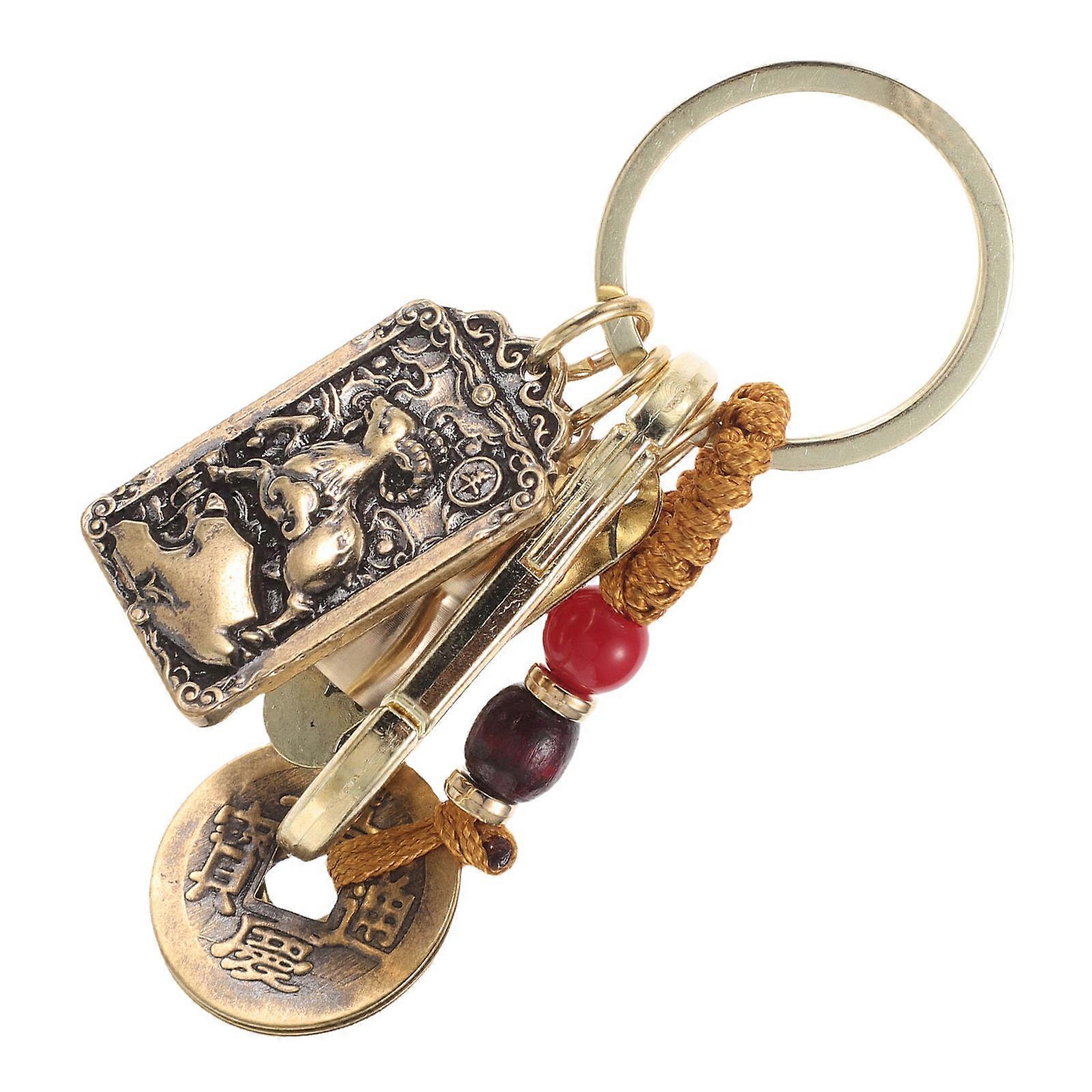 Golden Copper Gongming Keychain for Car Keys and Decoration Featuring Five Emperor Coins and Gourd Design 2.5 Inch