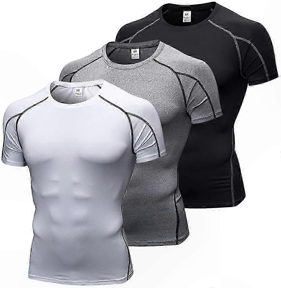 Men's Compression Shirts 3-Pack Athletic Base Layer T-Shirts Large Black/Grey/White