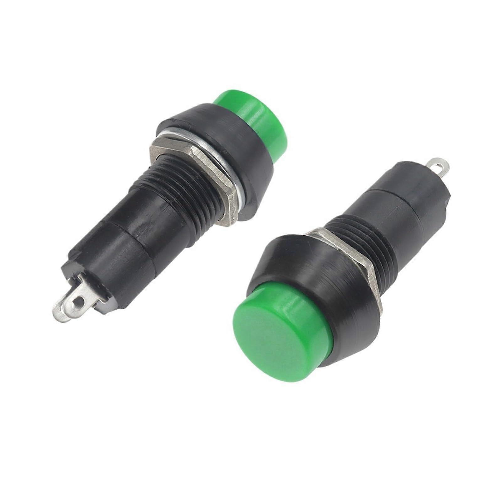 Self-Locking Push Button Switch, 12mm Momentary, 2-Pole, 3A 250V AC, Green Plastic with 6 Color Mix Option