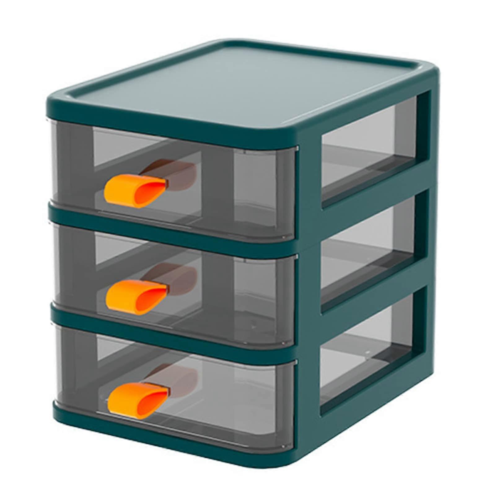 Desk Drawers - Transparent Desktop Storage Box with 3 Layers, Orange Handle, Green, Size 13.4 x 17 x 17 cm, Stationery Organizer