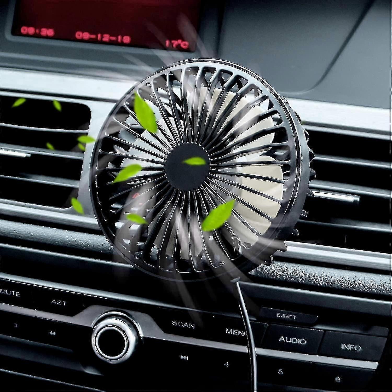 Car fan, USB 360 rotating clip-on fan for car air circulation, 3-speed air conditioning cooling fan