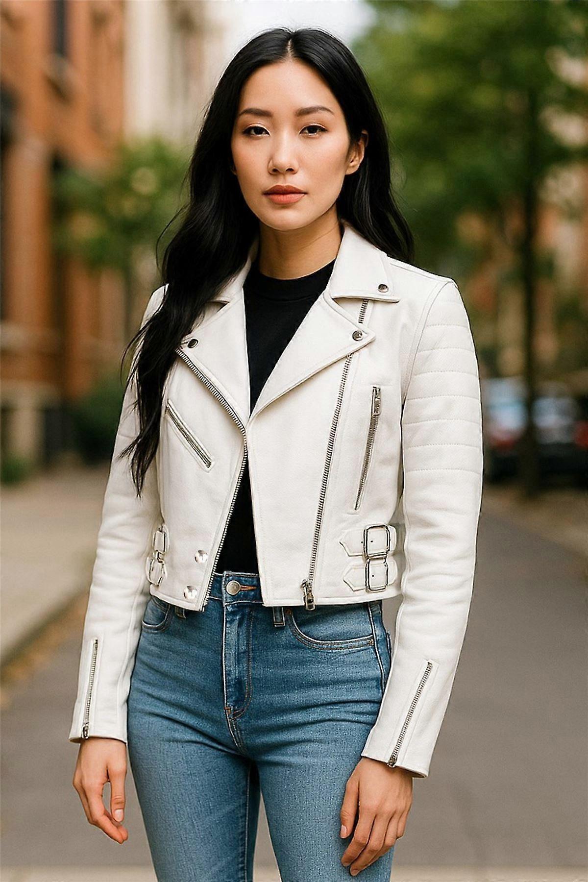 Ladies Cropped Jacket Short Body Gothic Top White Chic Biker Real Leather Jacket