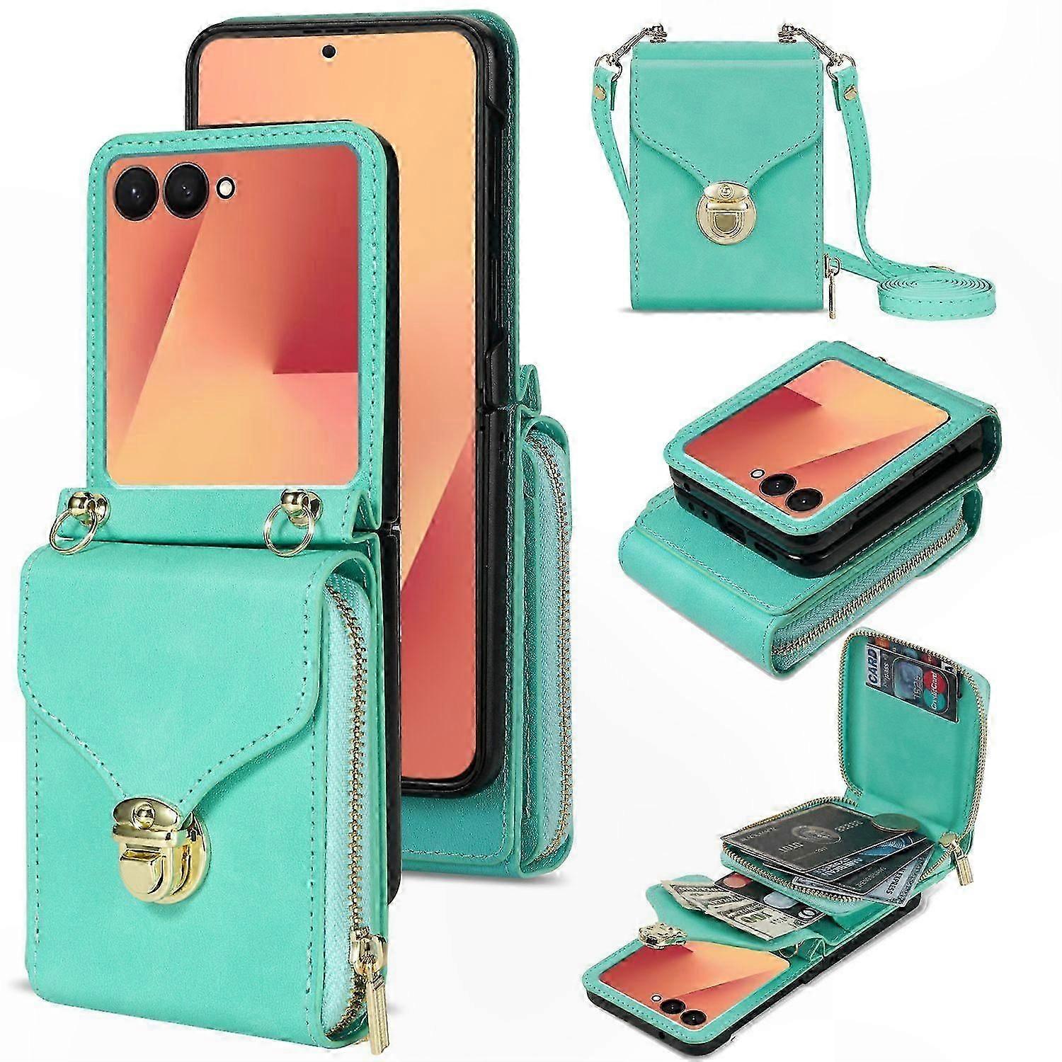 Zipper Wallet PU Leather Phone Case with Shoulder Strap for Foldable 5G Smartphones