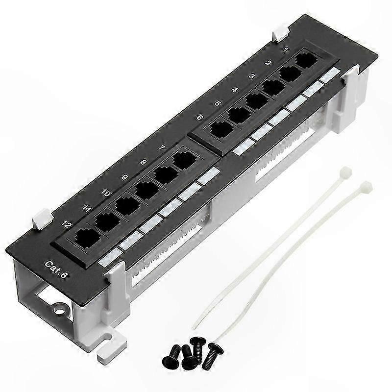 12-Port CAT6 Patch Panel with RJ45 Connectors and Wall Mount Bracket for Network Setup