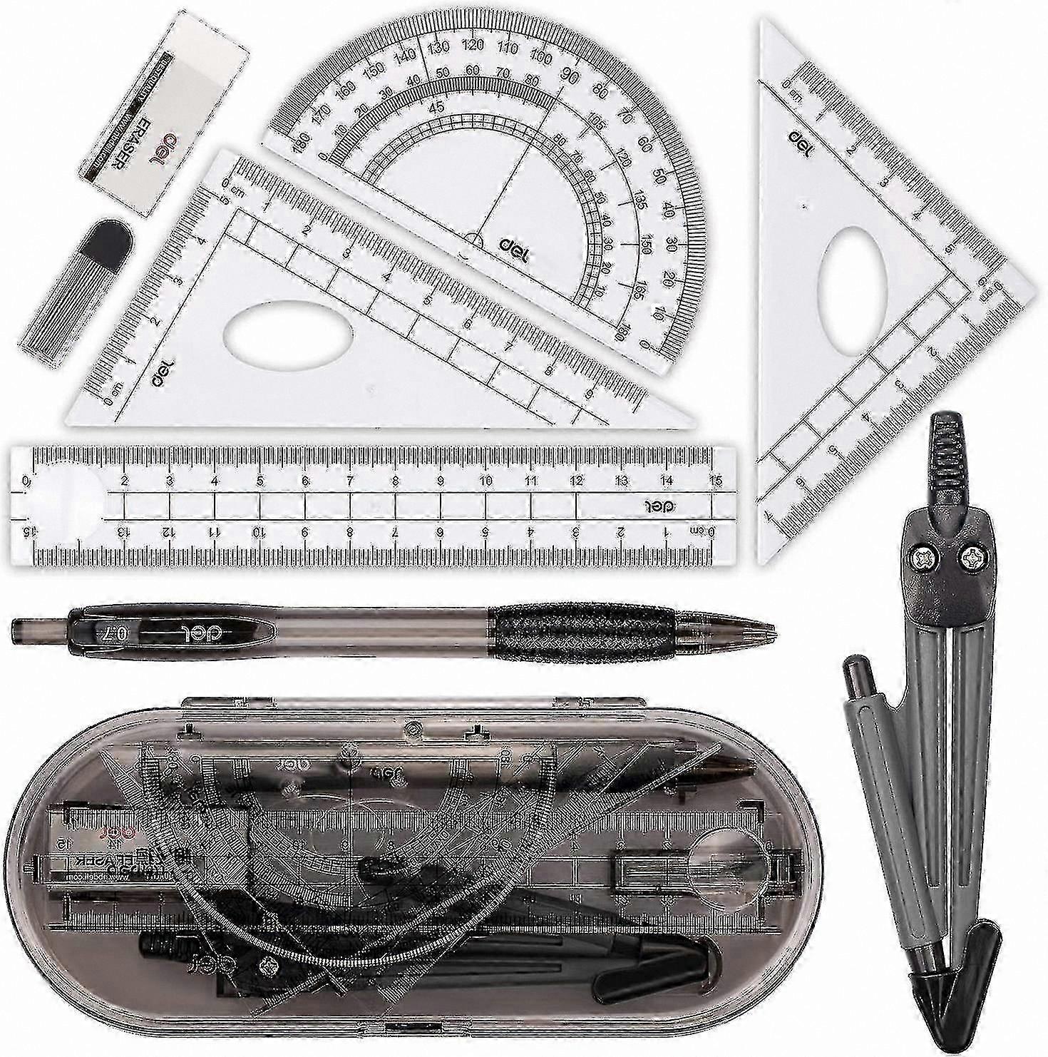8-Piece Geometry Kit with Compass, Protractor, Rulers, and Carry Case for Students