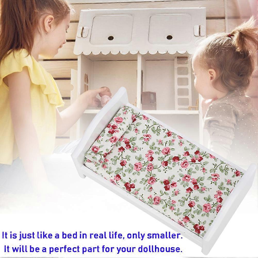 1:12 Mini Wooden Printed Bed Model for Dollhouse Simulation Toy