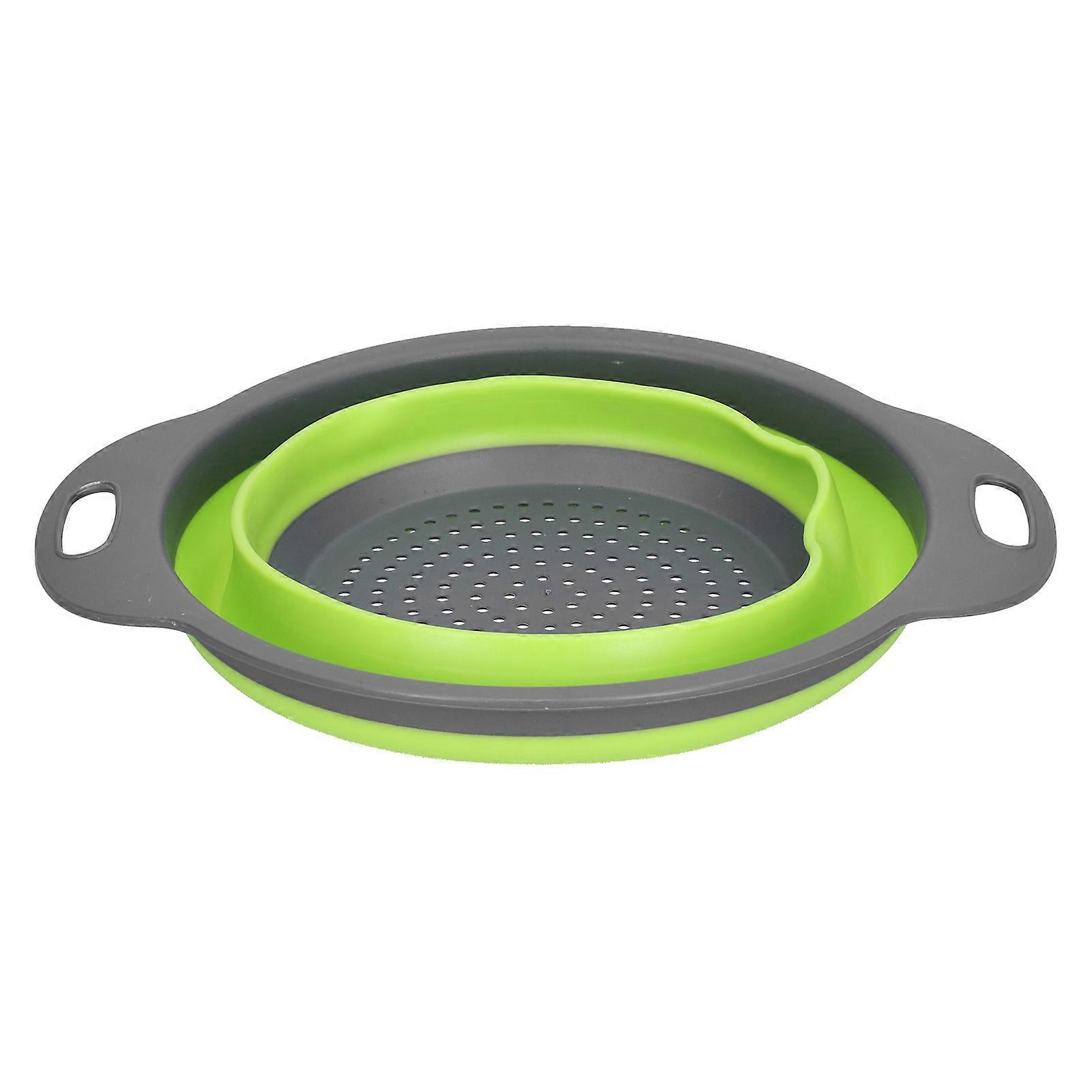 Green Small Silicone Round Folding Drain Basket with Handle for Kitchen