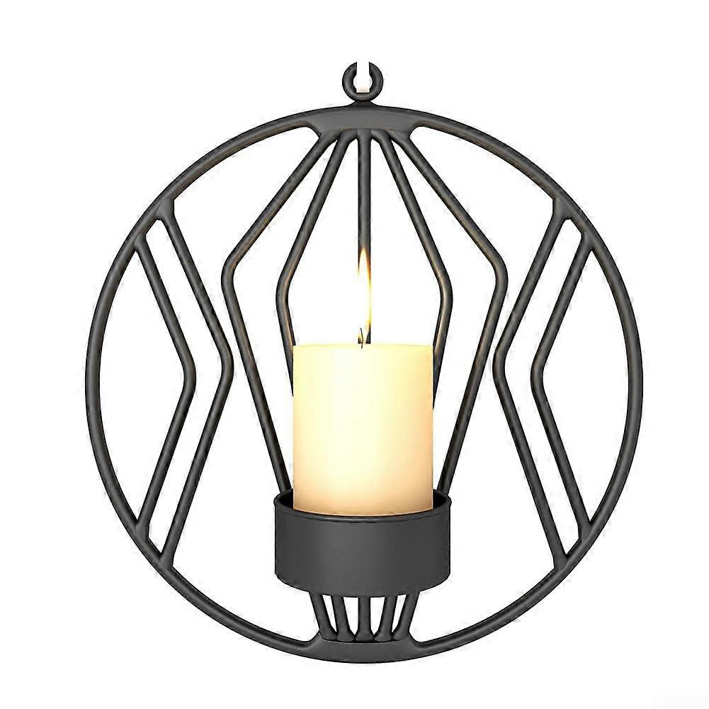 Modern Wall Mounted Iron Candle Holder Tea Candle Sconce With Geometric Circle Pattern Black Finish