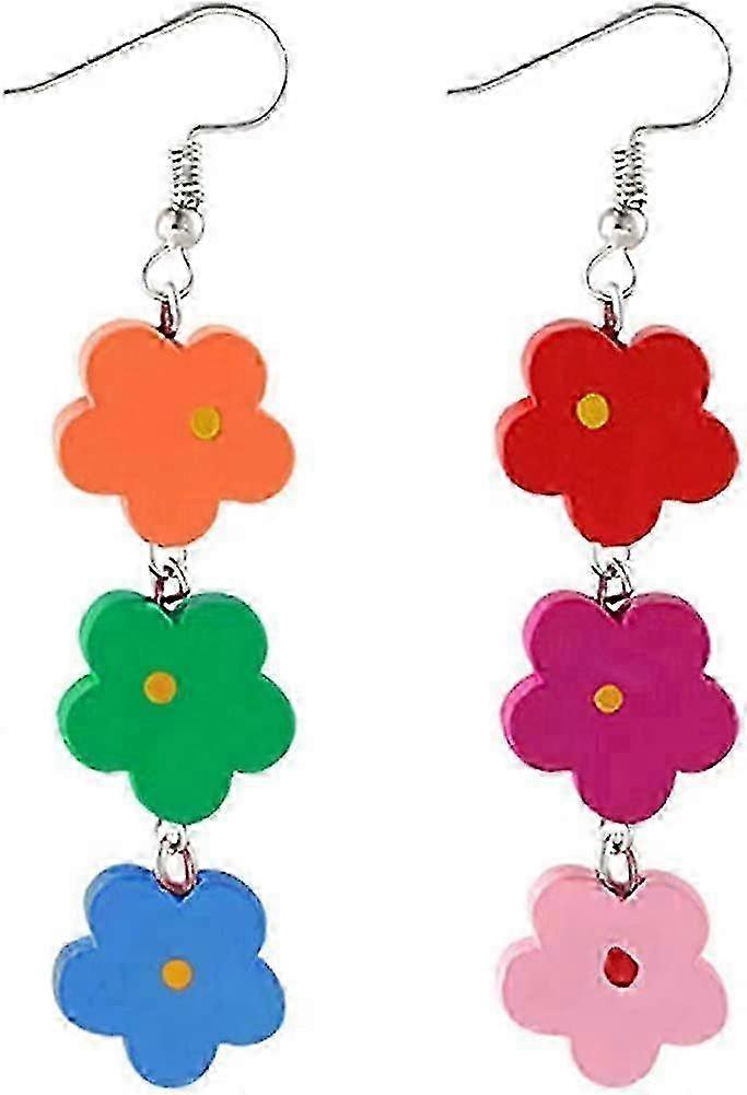 カラフルなカワイイダングルイヤリング花の木材軽量かわいいデイジーフラワーイヤリング女性用フックブルーグリーンレッド面白いイヤリング(虹の花) - -