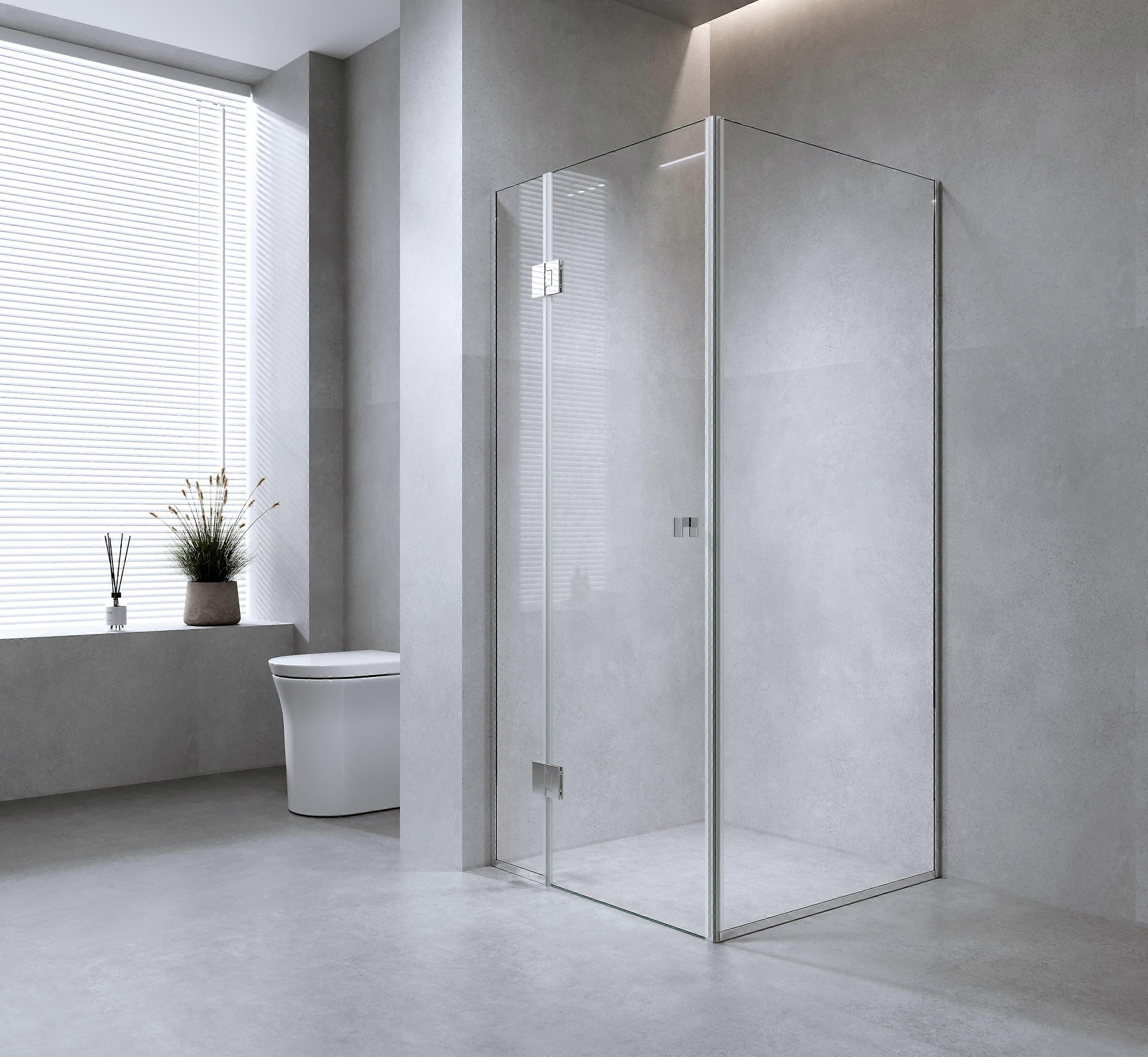 120X80cm Corner Frameless Shower Screen With White Channel And Brass Hinges Square Double Pull Handle Shower Enclosures
