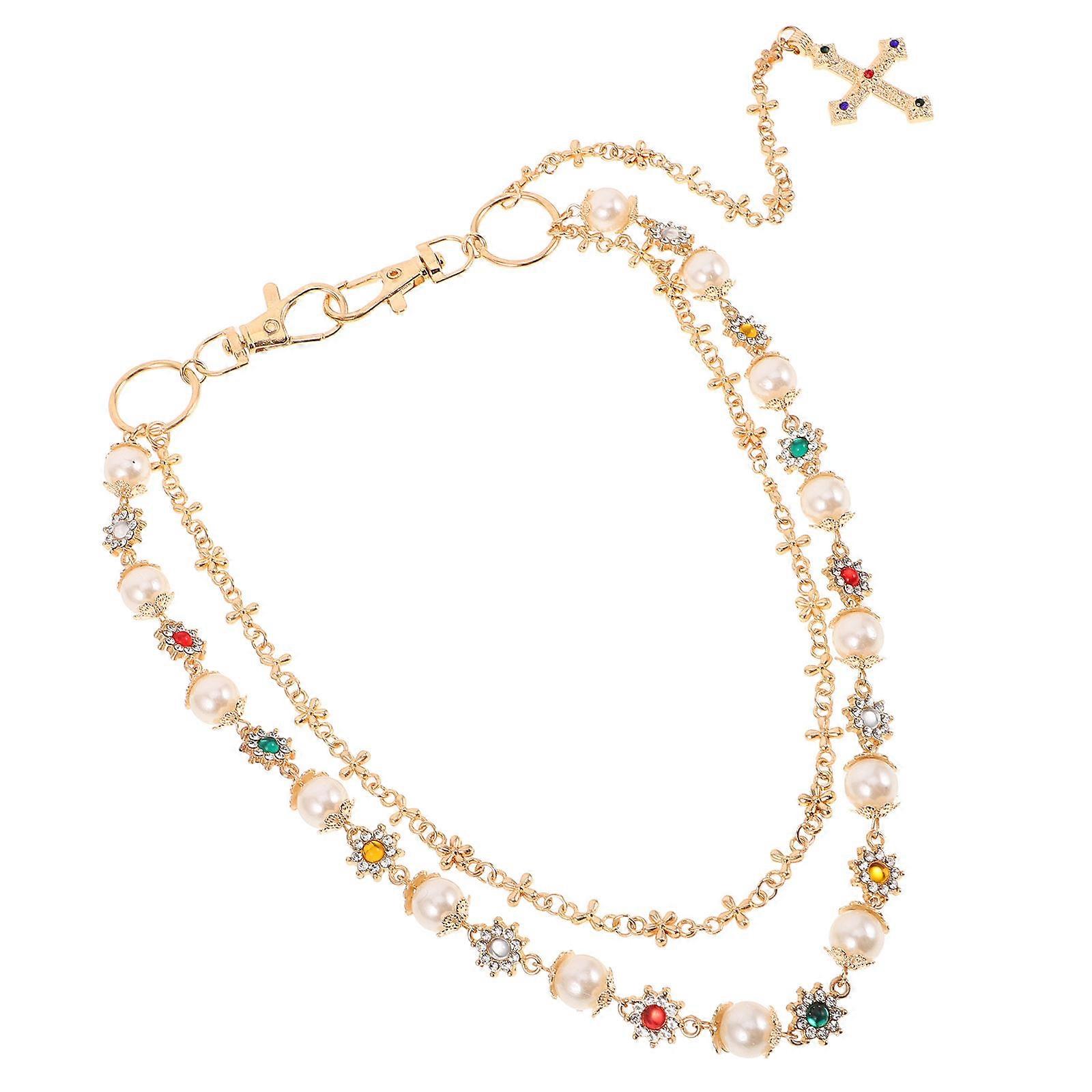 Golden Pants Chain for Men with Cross Pendant and Pearls 2Pcs